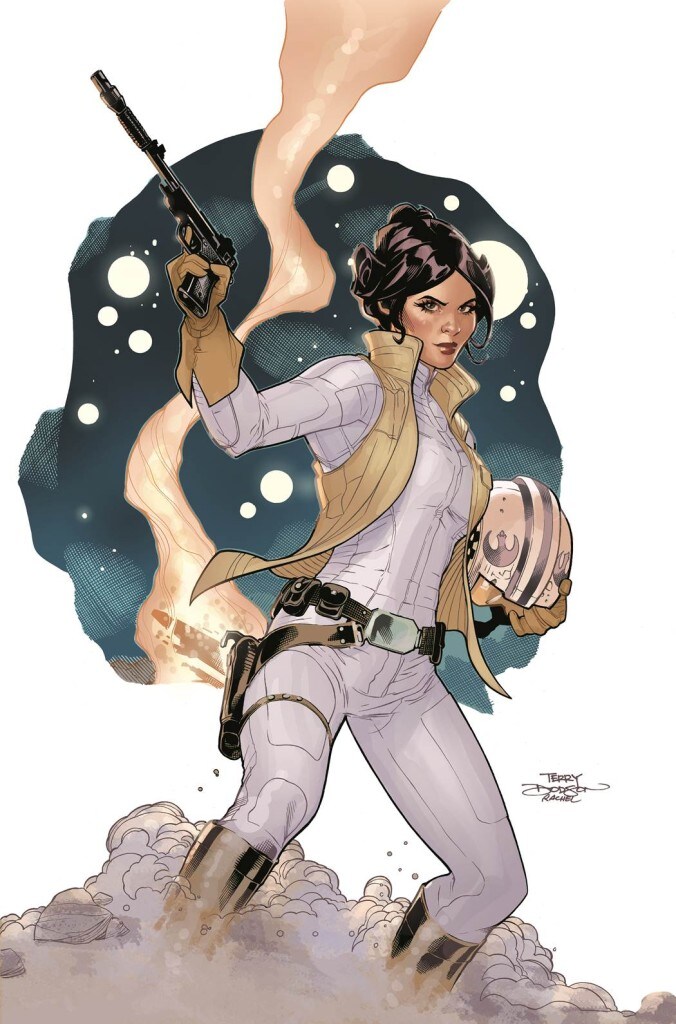 Princess Leia raises a blaster pistol.