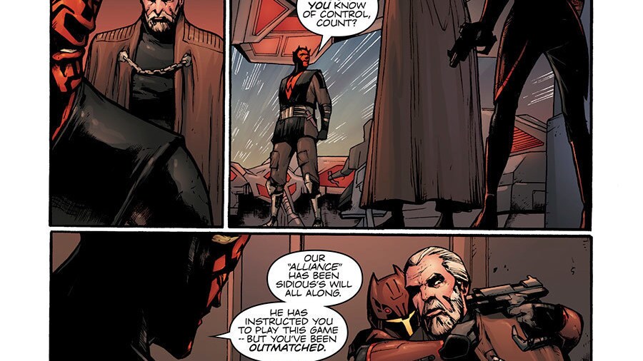 A scene from the "Son of Dathomir" comic depicting an exchange between Maul and Dooku