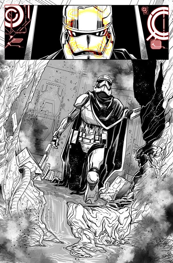 Unfinished artwork in two panels, by artist Marco Checchetto, for the comic book miniseries Captain Phasma. The top panel shows the partially-colored head of Captain Phasma while the bottom panel shows a black-and-white drawing of Captain Phasma standing at the center of a blasted-out wall.