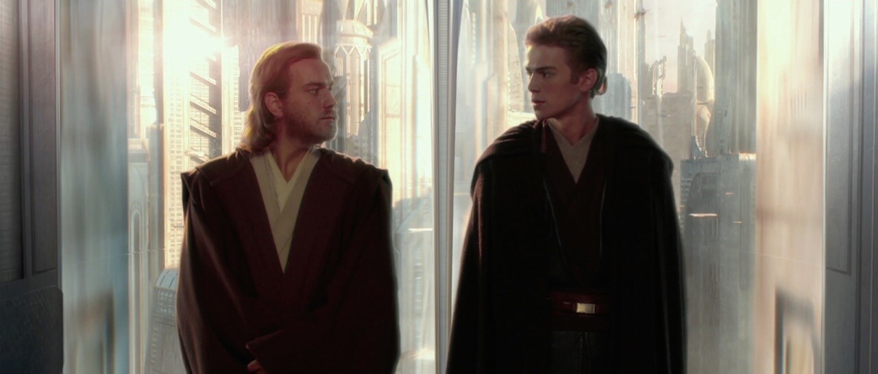 Obi-Wan and Anakin stand side-by-side and exchange looks in Attack of the Clones.