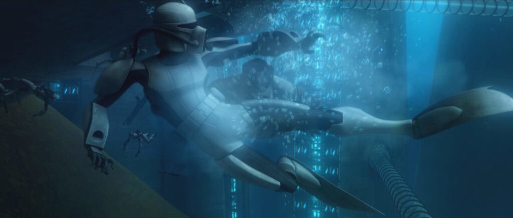 A Clone Wars SCUBA trooper battles underwater.