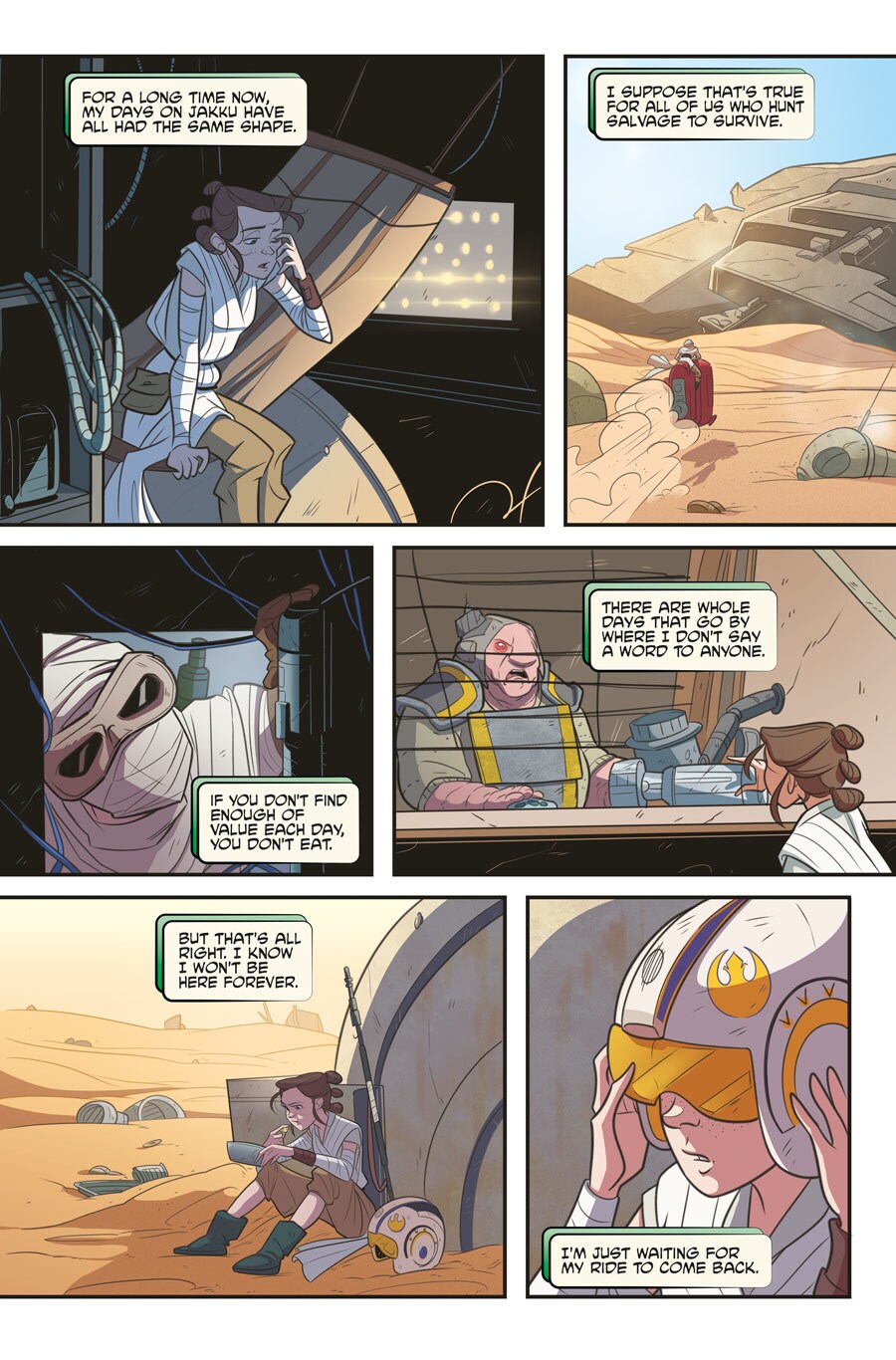 A page from the comic book Star Wars Forces of Destiny: Rey chronicles a day in her life as a scavenger on Jakku.