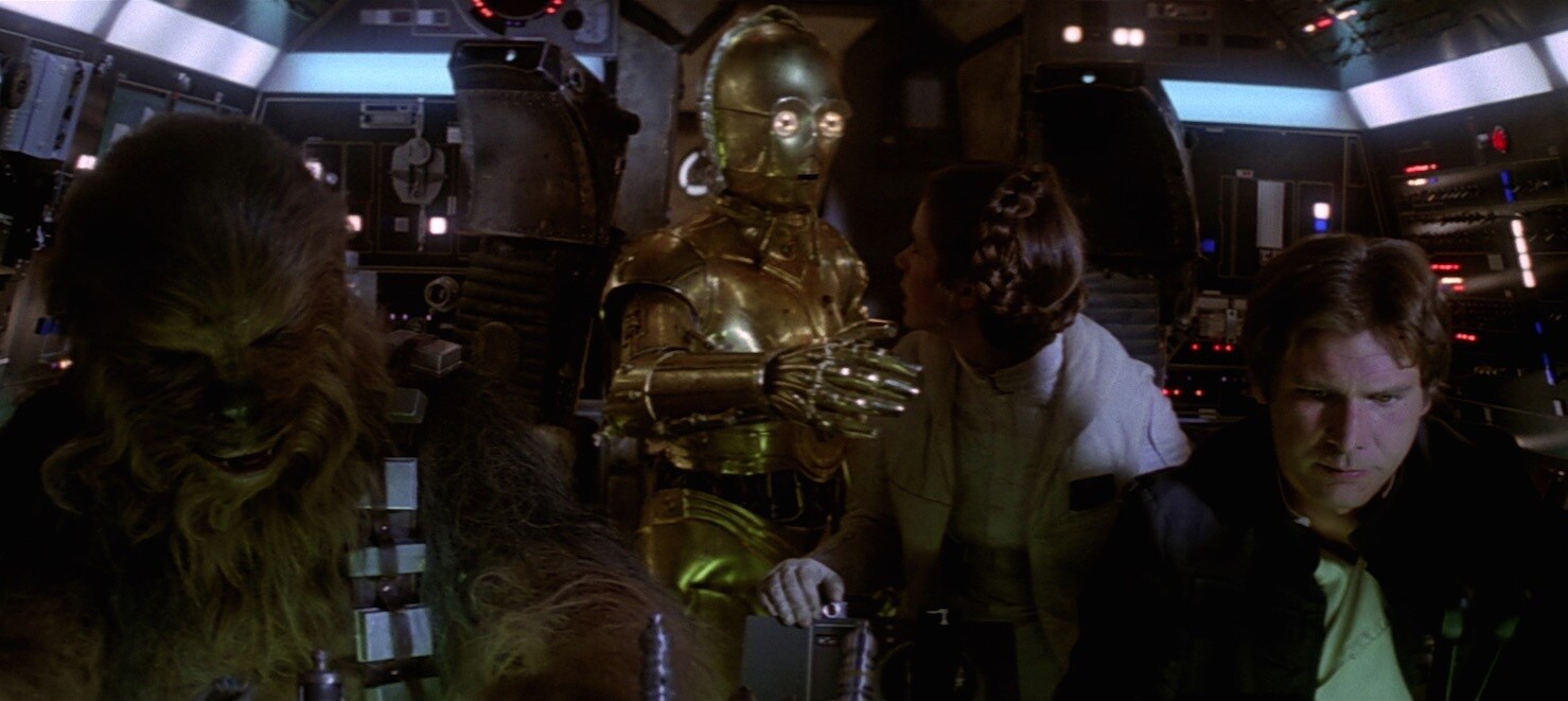Episode V - Han Leia Threepio and Chewbacca in the Millennium Falcon