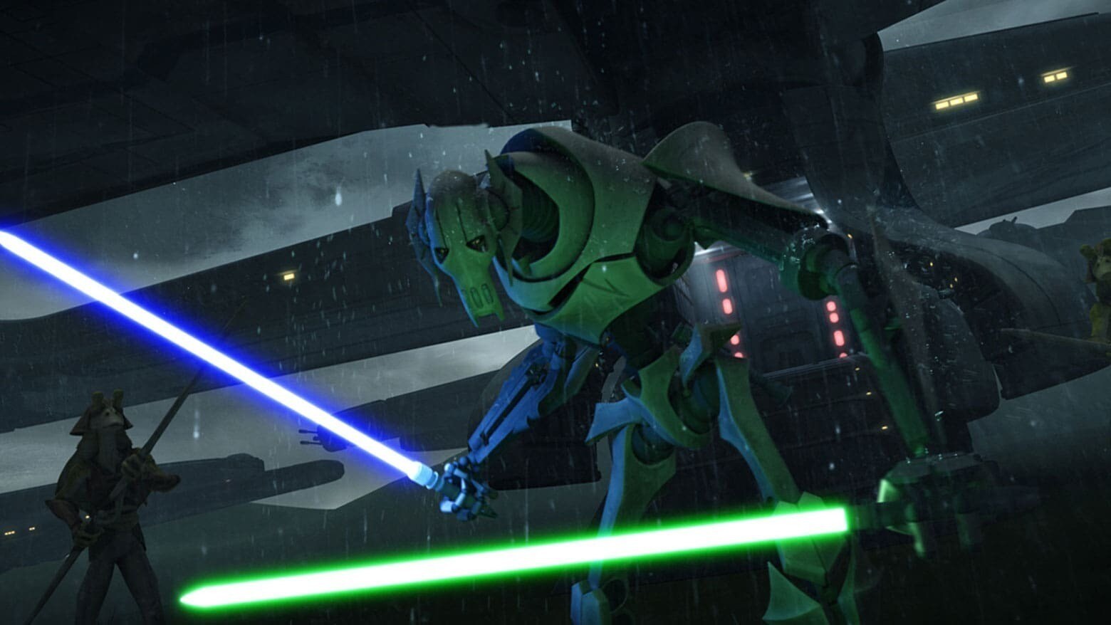 Jar Jar Binks and General Grievous holding one purple and one green lightsaber in The Clone Wars