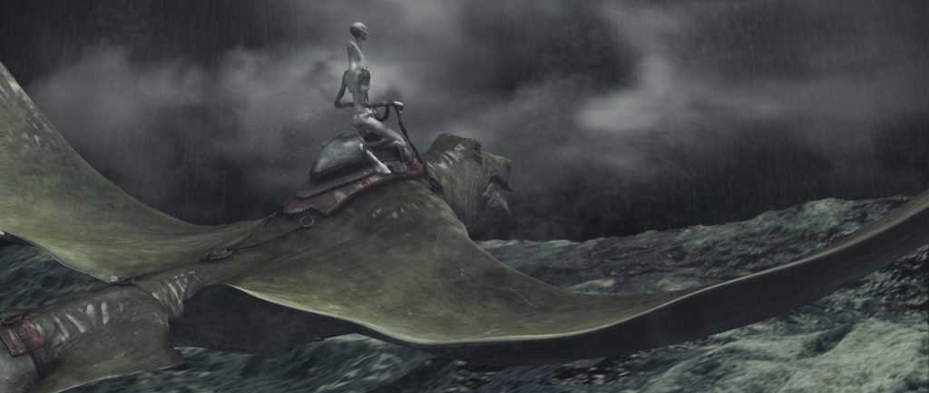 A Kaminoan rides on the back of an Aiwhas over water in a storm.