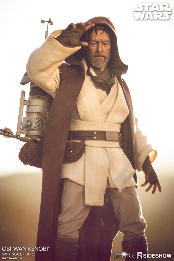 The Star Wars Mythos Obi-Wan Kenobi action figure shields his eyes in a sunny landscape.