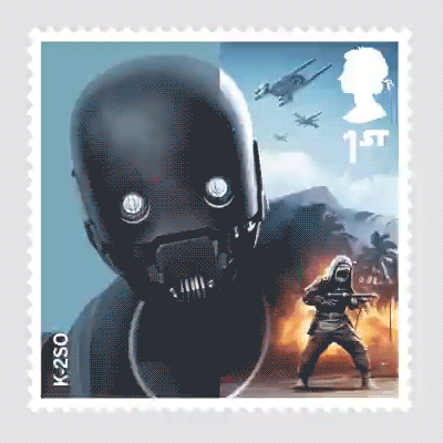An animated GIF shows the creation of a K-2SO-themed Royal Mail postage stamp. The image depicts a portrait of K-2SO with an overlapping drawing of a Rebel Alliance soldier in the Battle of Scarif appearing in the bottom right corner.