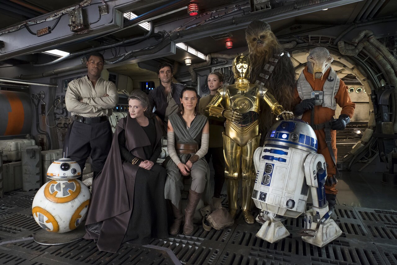 Resistance characters from Star Wars: The Last Jedi on the Millennium Falcon, including Finn, BB-8, Princess Leia, Poe Dameron, Rey, C-3PO, Chewbacca, and R2-D2.