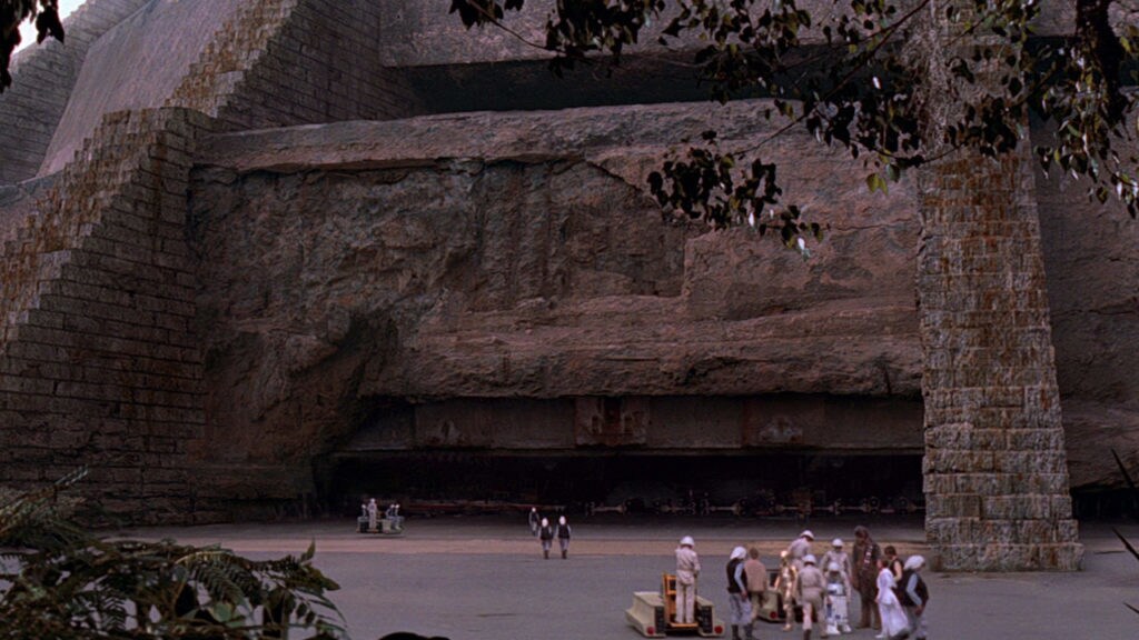 The entrance to the Rebel base in the jungle of planet Yavin 4.