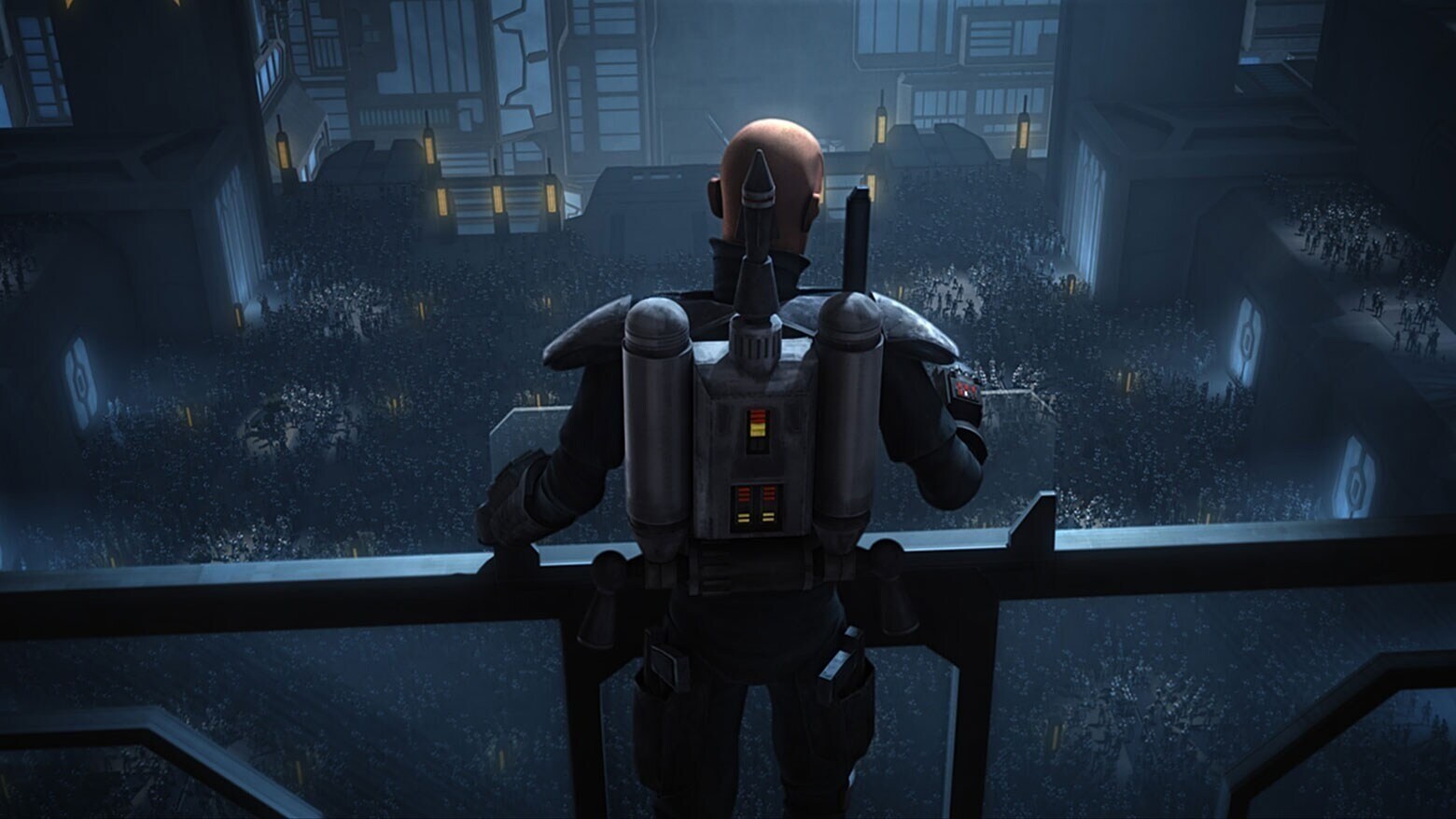 The back of Pre Vizsla from The Clone Wars episode, Shades Of Reason 