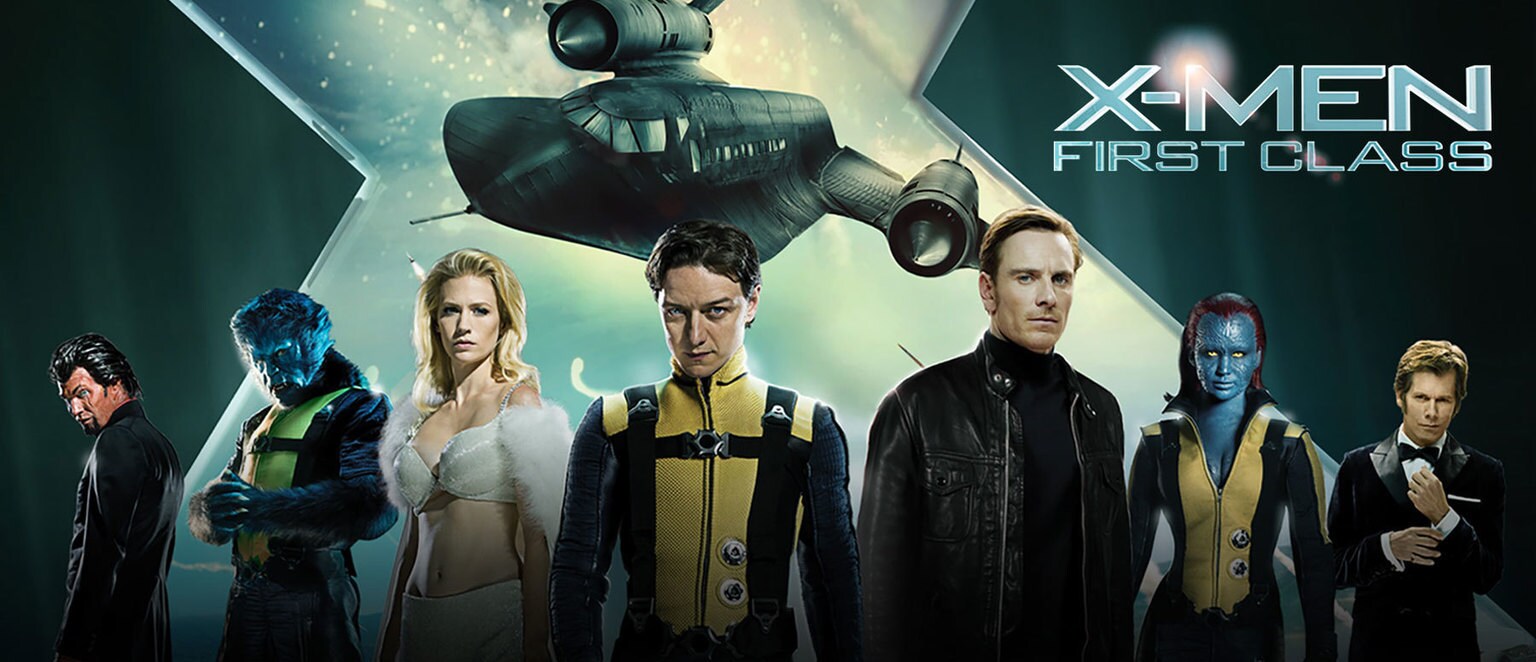 Image of Sebastian Shaw (actor Kevin Bacon), Azazel (Actor Jason Flemyng), Emma Frost (Actor January Jones), Hank/Beast (Actor Nicholas Hoult), Charles Xavier (24 Years) (Actor James McAvoy), Erik Lensherr (Actor Michael Fassbender), and Raven/Mystique (Actor Jennifer Lawrence) in the 20th Century Studios movie X: First Class.