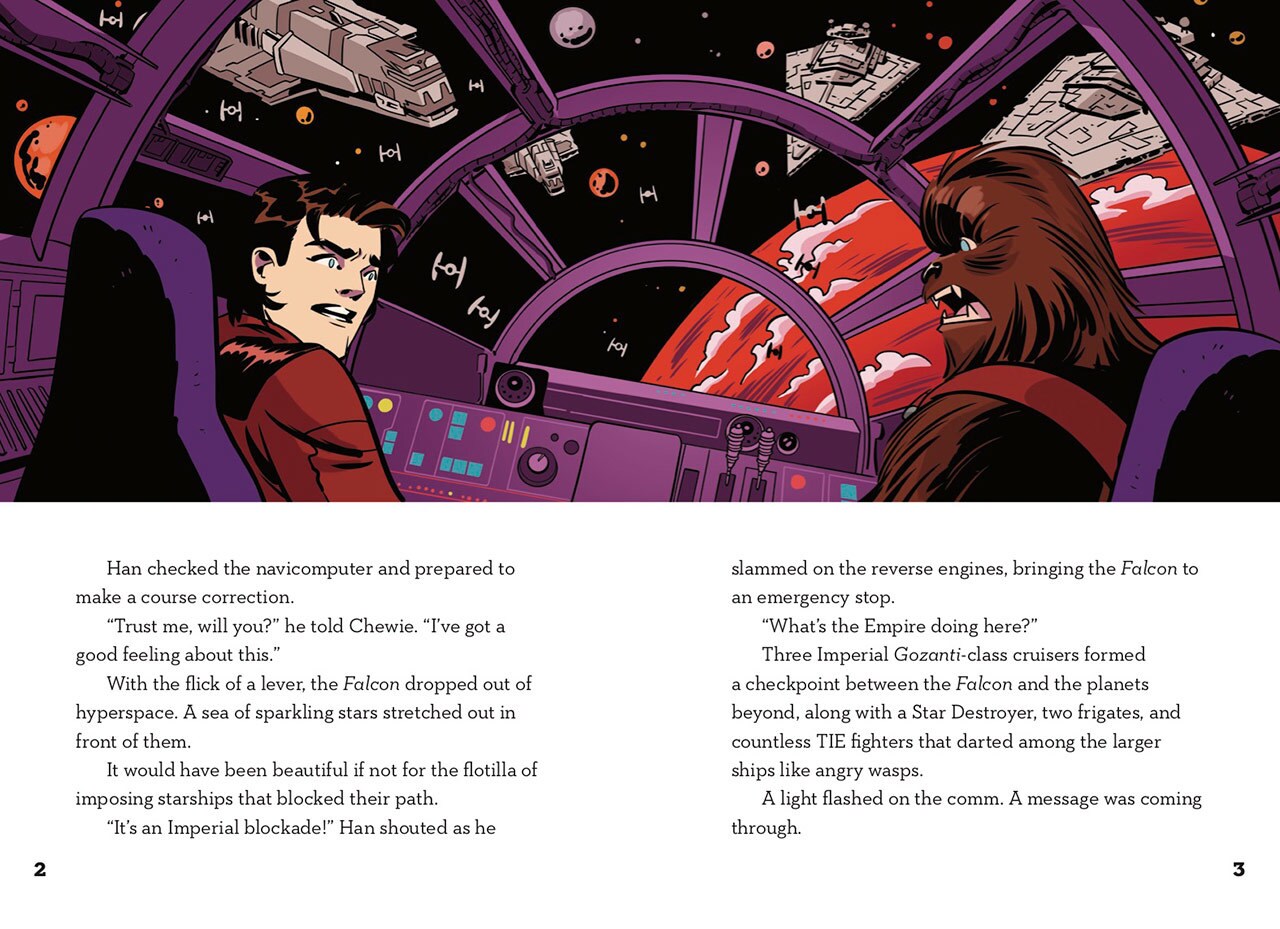 A two page spread from a Choose Your Destiny book features a picture of Han and Chewbacca flying the Millennium Falcon above text describing their adventures.