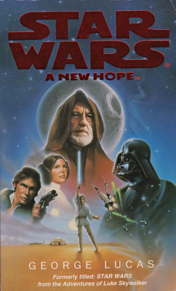 The cover of the novel Star Wars: A New Hope with Han Solo, Princess Leia, Obi-Wan Kenobi, and Darth Vader.