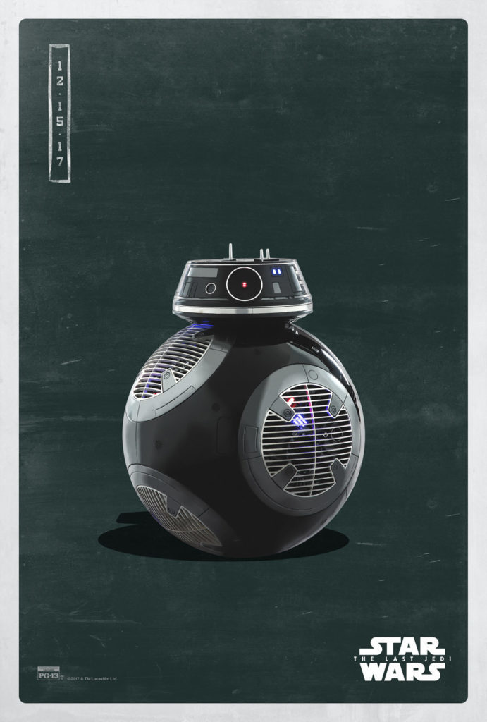 A poster of BB-9E with a dark grey background.