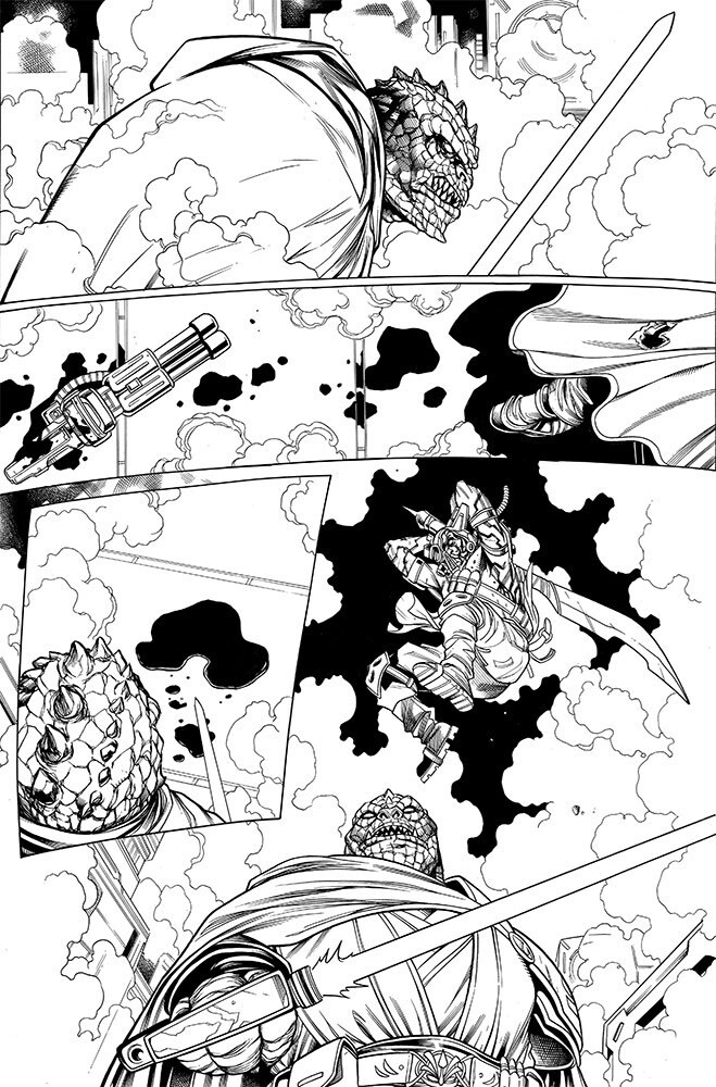 A Jedi is hunted in panels from The High Republic #2, inked but uncolored.