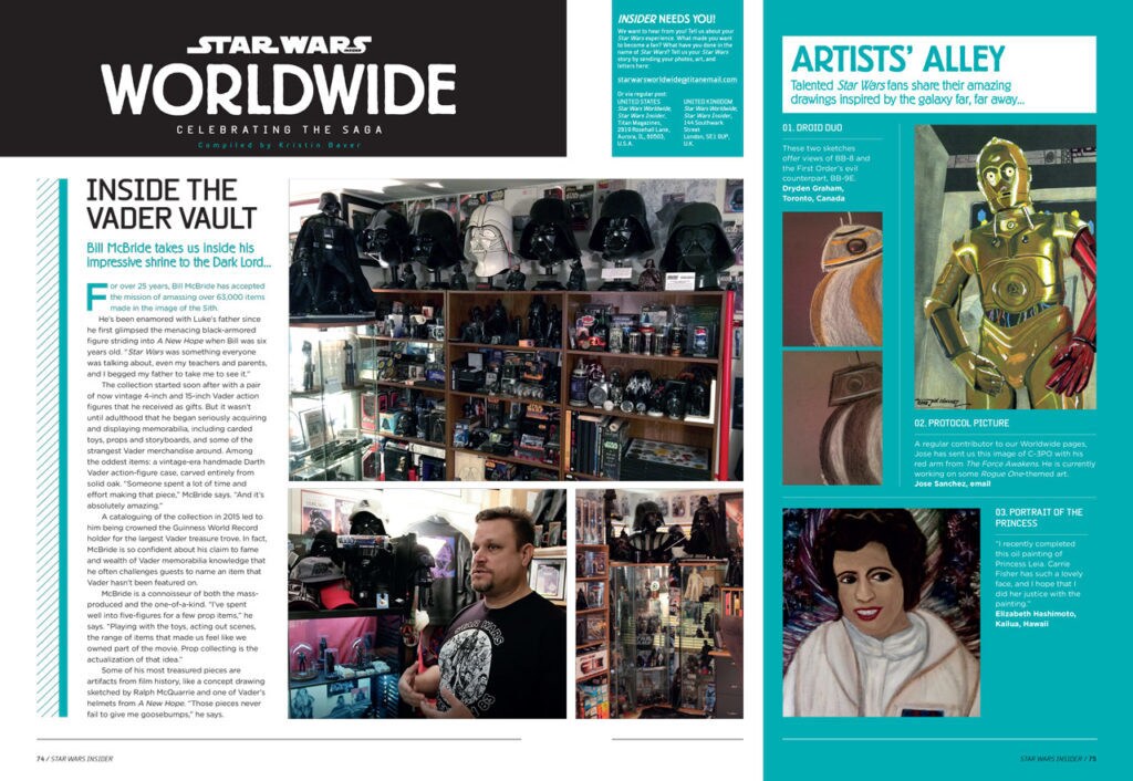 Pages from an issue of Star Wars Insider magazine show the story and photos of one fan's massive collection of Darth Vader memorabilia as well as examples of artwork created by fans around the world.