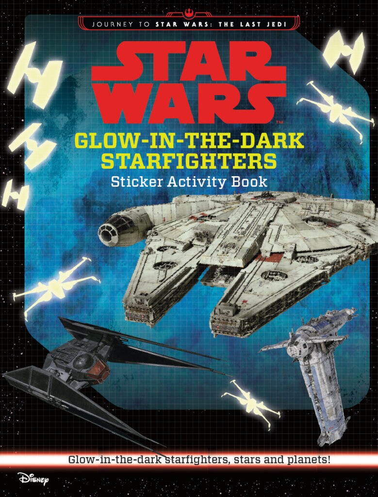 The Millennium Falcon on the cover of the book Journey to Star Wars: The Last Jedi: Star Wars Glow-In-The-Dark Starfighters Sticker Activity Book.