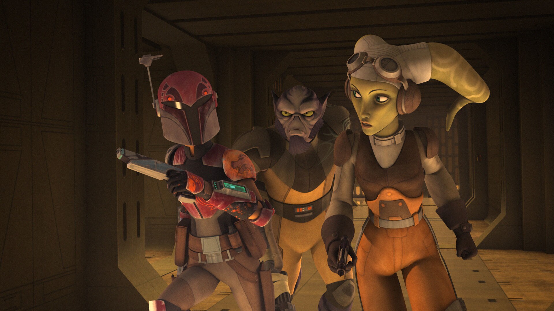 Hera, Sabine, and Zeb walk down a hallway together in Star Wars Rebels.