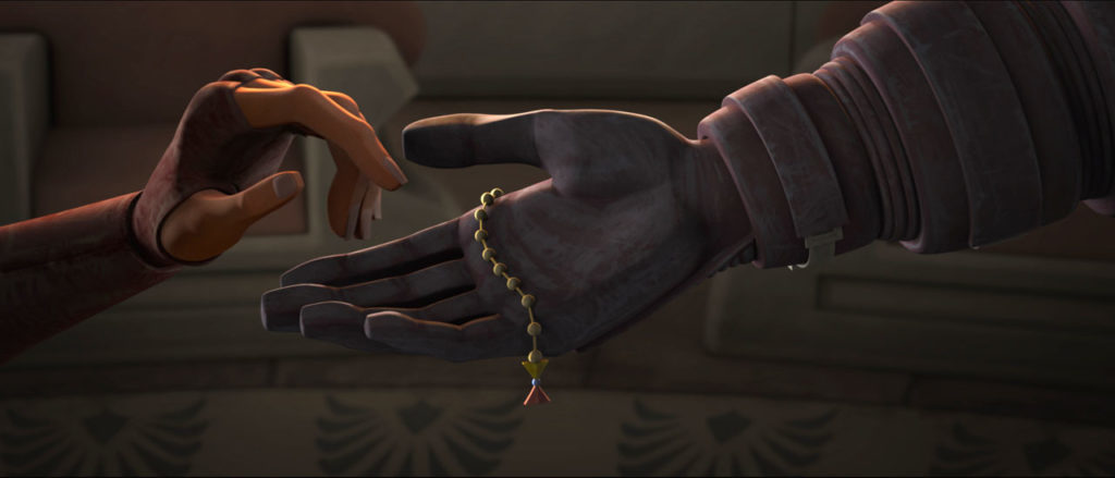 Silka beads in Anakin's palm. Ashoka's hand reaches for the beads.