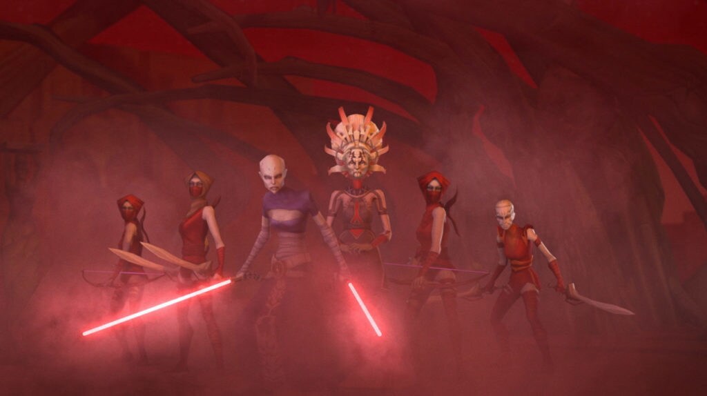 A group of six Nightsisters armed and ready to fight in the game, Star Wars: Galaxy of Heroes.
