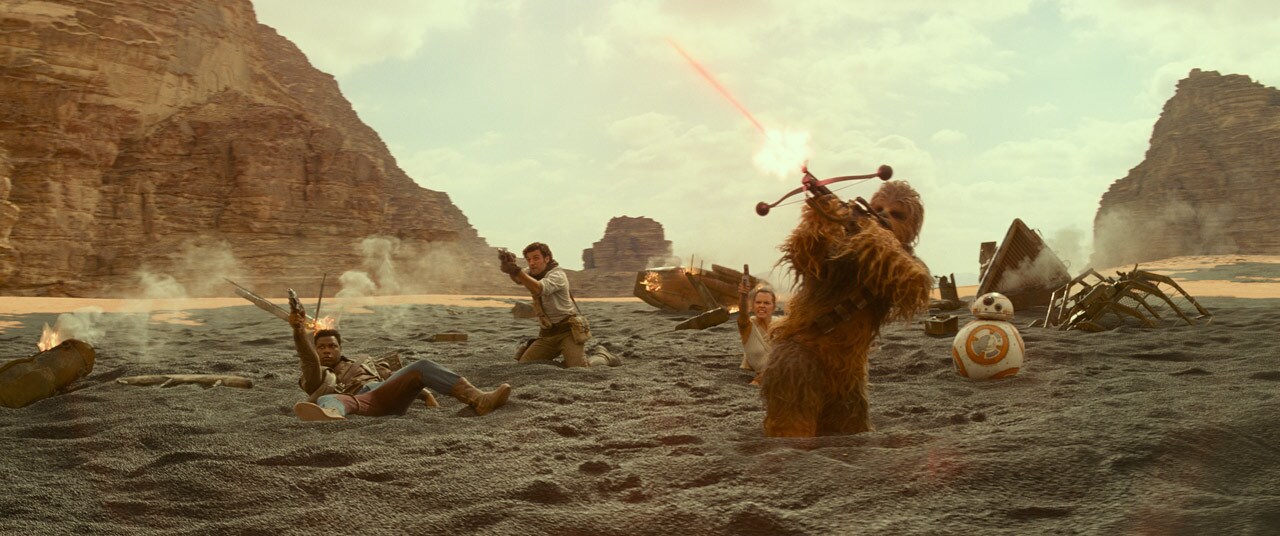 Finn, Rey, Chewie, and Poe in Star Wars: The Rise of Skywalker