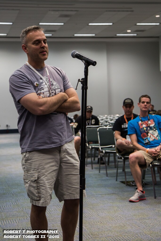 Army Lieutenant Colonel Brat Streigel speaks in front of a microphone about Star Wars.