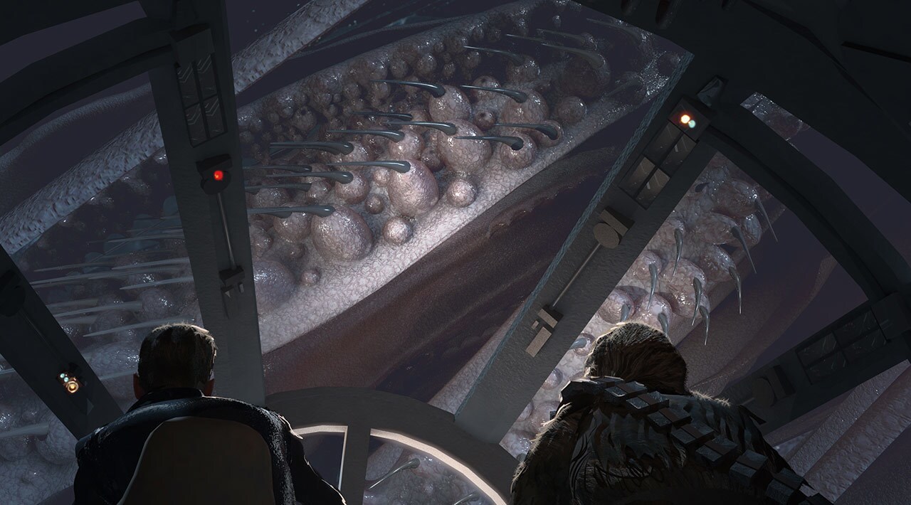 Concept art of Han Solo and Chewbacca in the cockpit of the Millennium Falcon as they fly towards a Space-o-pus, a creature that flies around the planet Kessel.