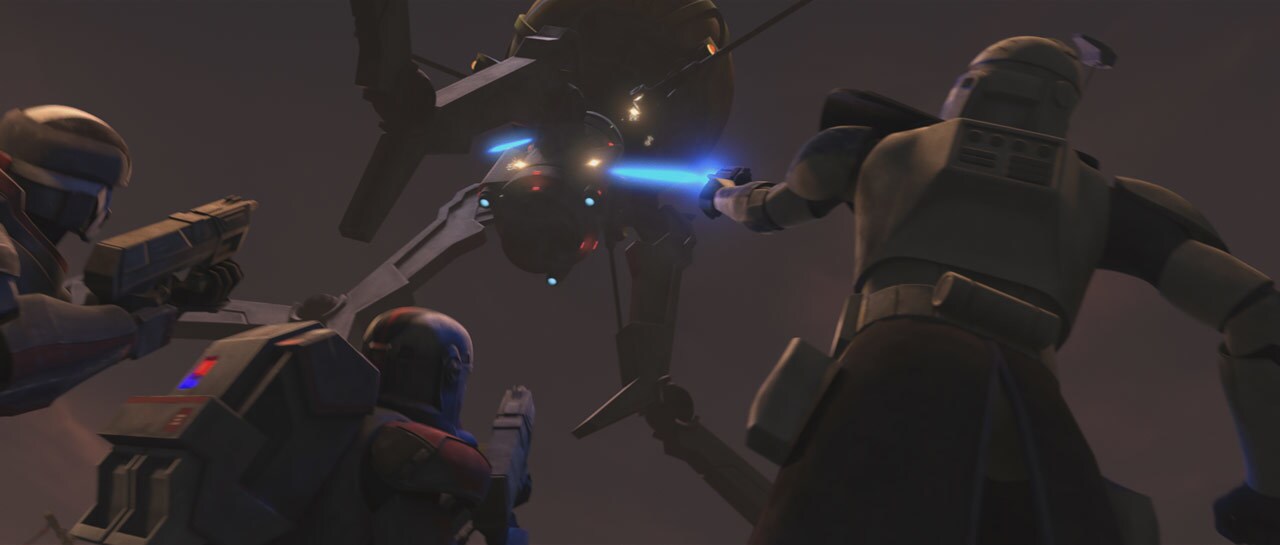 Clones blast on octuptarra droid in the Star Wars: The Clone Wars episode "On the Wings of Keeradaks"