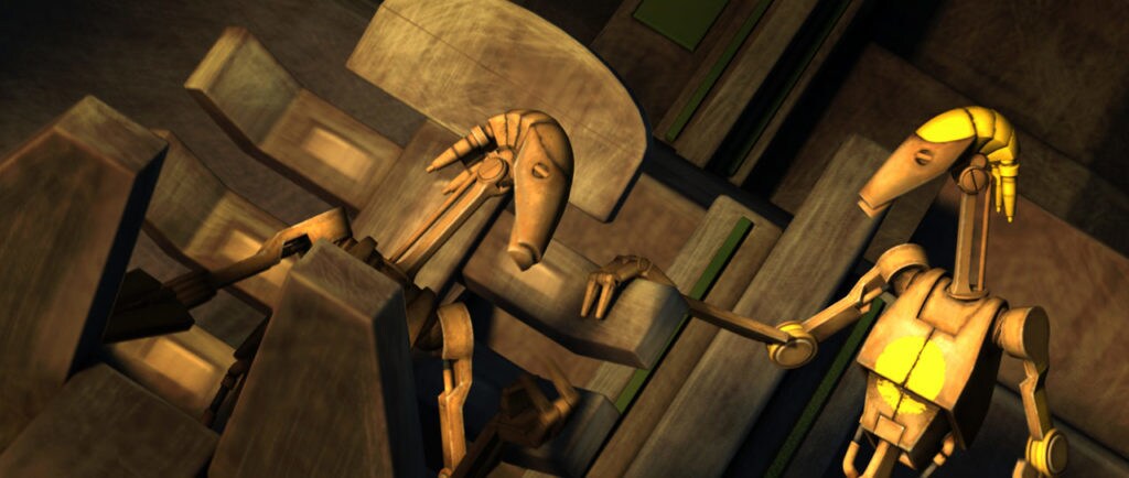 Two battle droids chat in The Clone Wars.