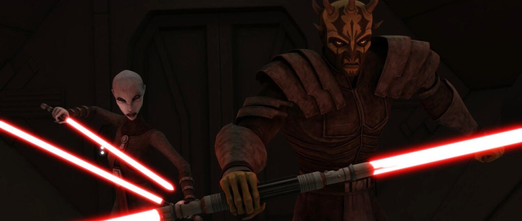 Asajj Ventress and Darth Maul wield red lightsabers.