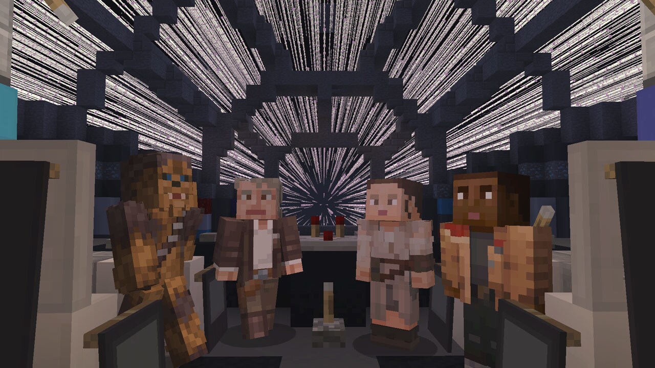 Characters from The Force Awakens in the cockpit of the Millennium Falcon, recreated in Minecraft.