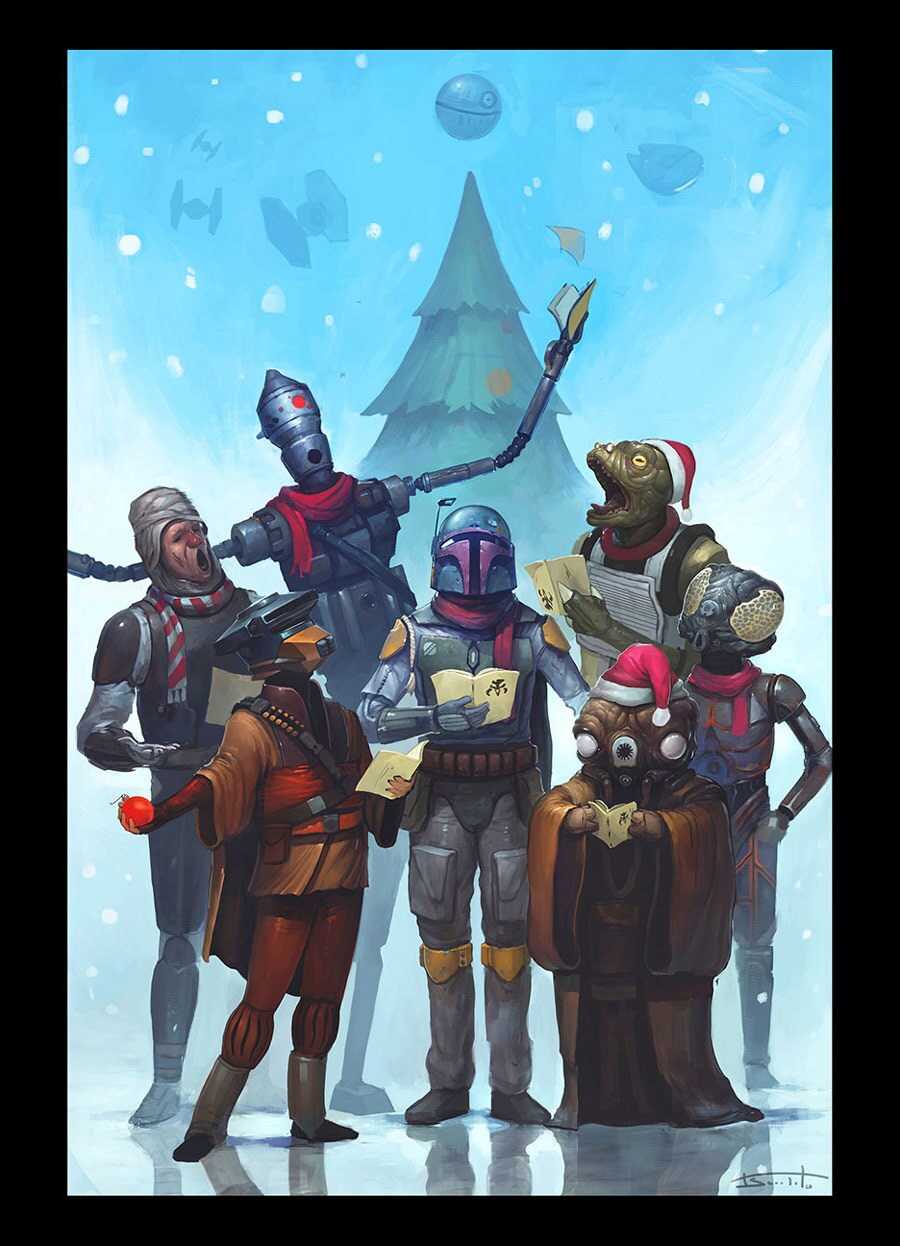 A holiday card featuring various Star Wars bounty hunter characters caroling.