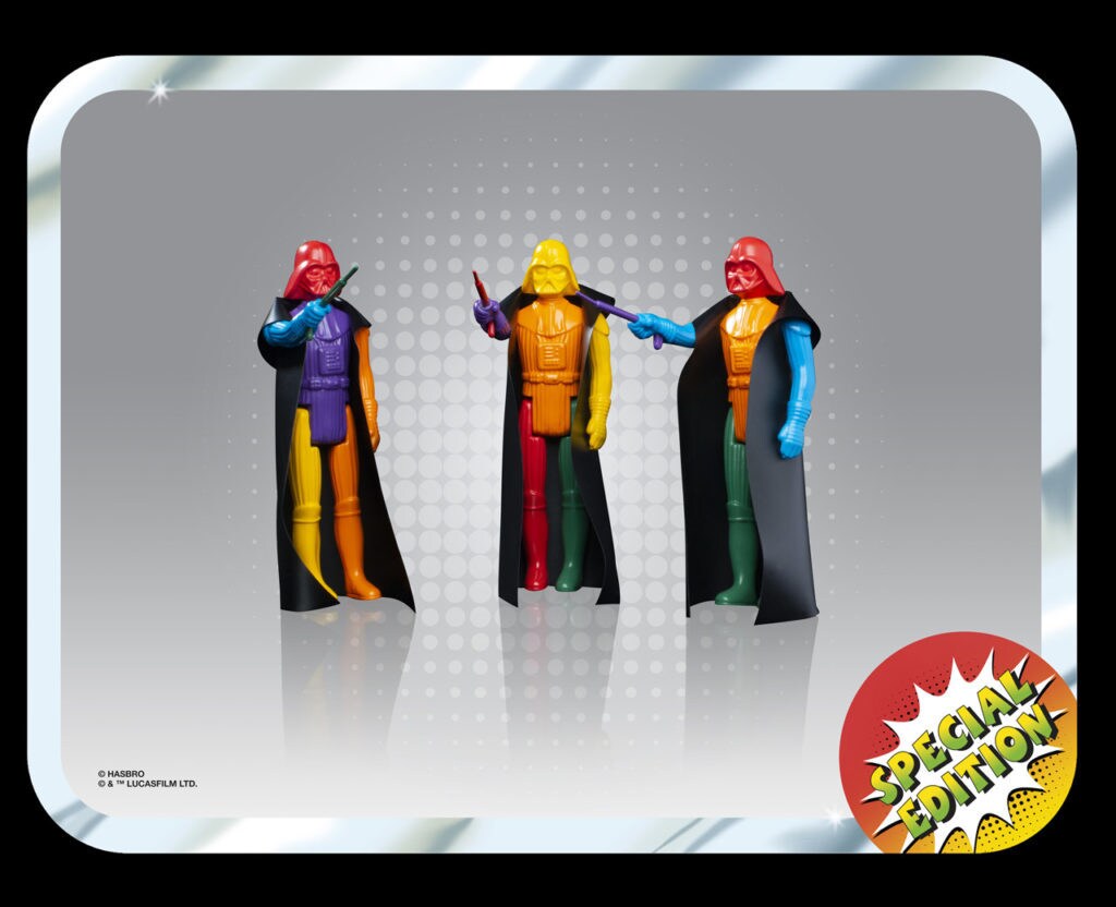 Three multicolored Prototype Edition Darth Vader action figures by Hasbro.