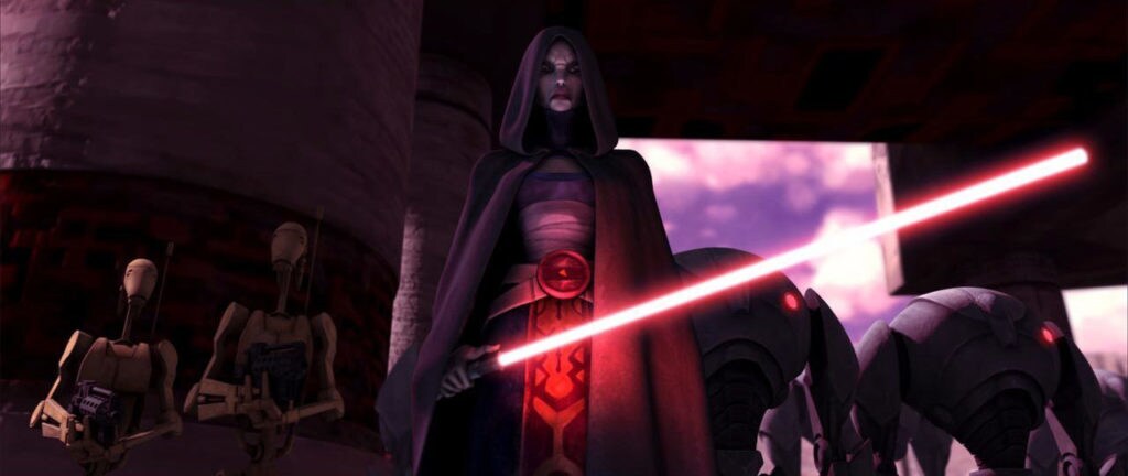 Asajj Ventress wields a lightsaber on Teth.