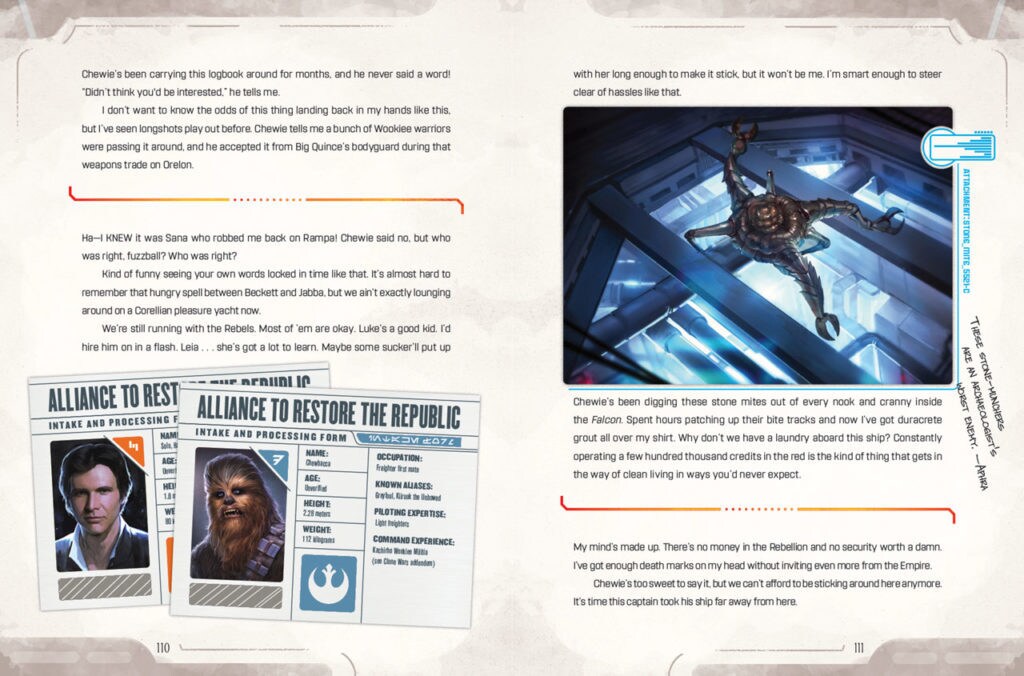 Pages from the book Star Wars: Smuggler's Guide show Han and Chewie's intake and processing forms as well as journal entries by Han, detailing their missions.