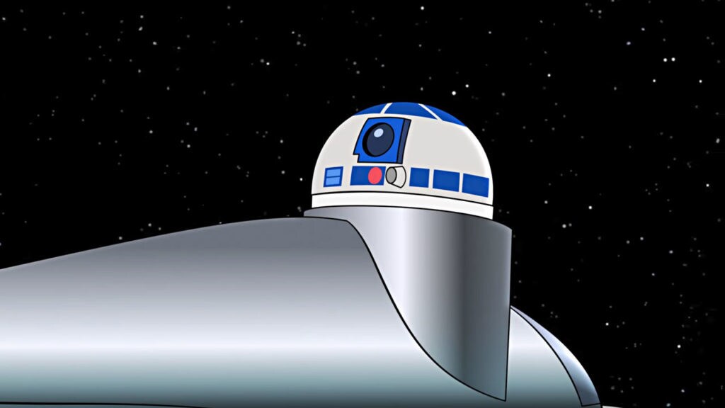 Astromech droid R2-D2 mounted in his tactical position outside the ship flying through space in Star Wars Forces of Destiny.