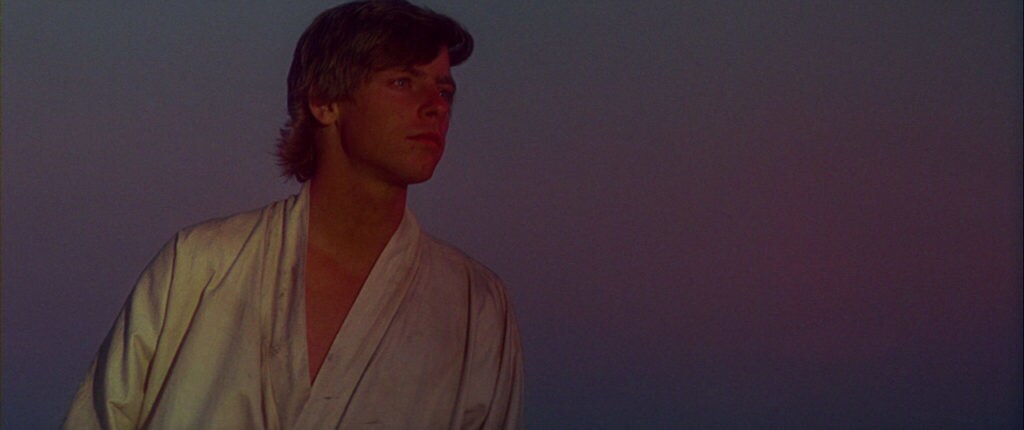 Luke Skywalker looks out at the horizon on Tattooine in A New Hope.