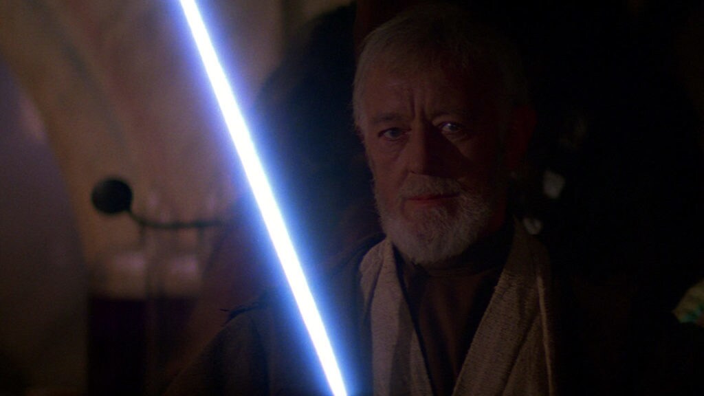 Obi-Wan wields a lightsaber in A New Hope.