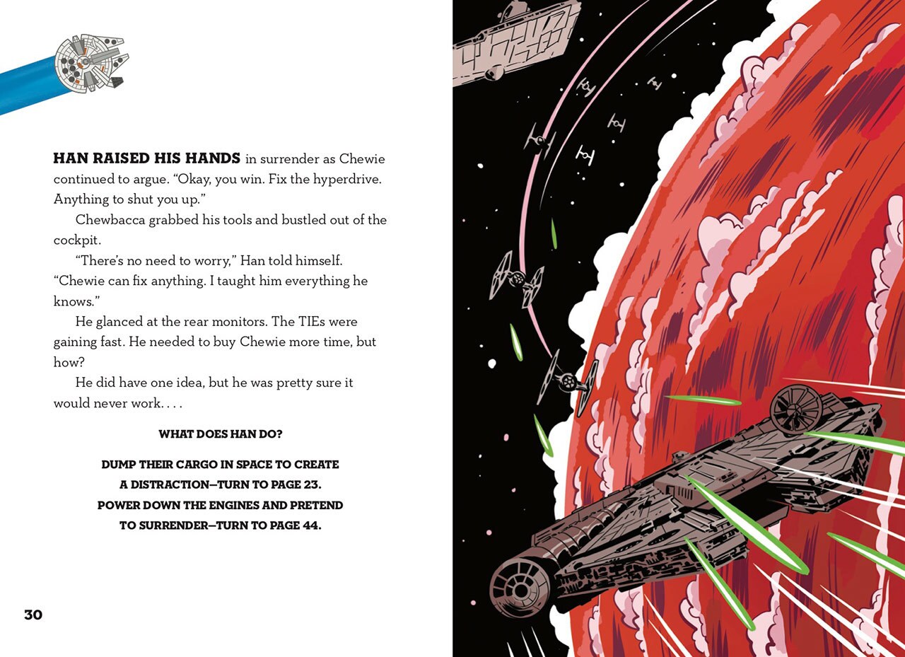 Pages from Star Wars: Choose Your Destiny: A Han & Chewie Adventure, which feature the Millennium Falcon chased by TIE fighters.