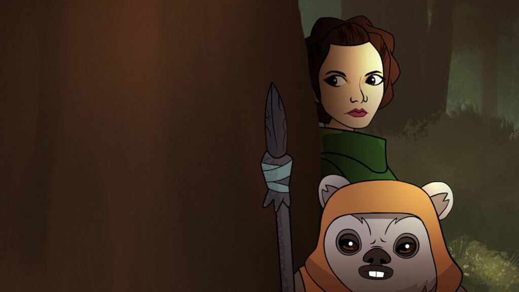 Princess Leia and Wicket hide behind a tree in Star Wars Forces of Destiny.