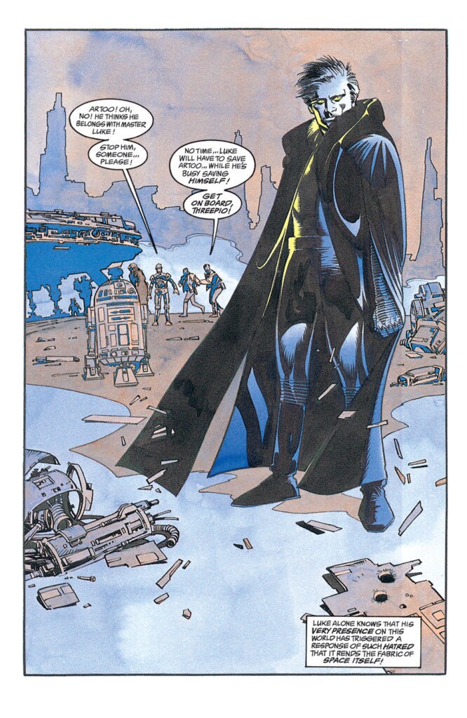 A page from the comic book Dark Empire depicts Luke Skywalker in a dark cloak.