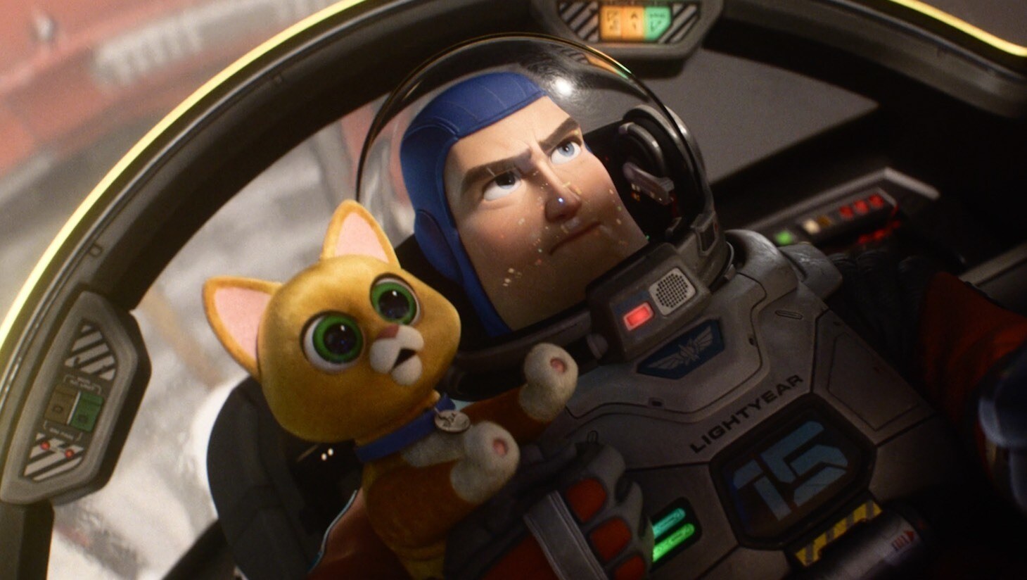 Animated character Buzz Lightyear and his cat in the cockpit from Disney and Pixar's Lightyear