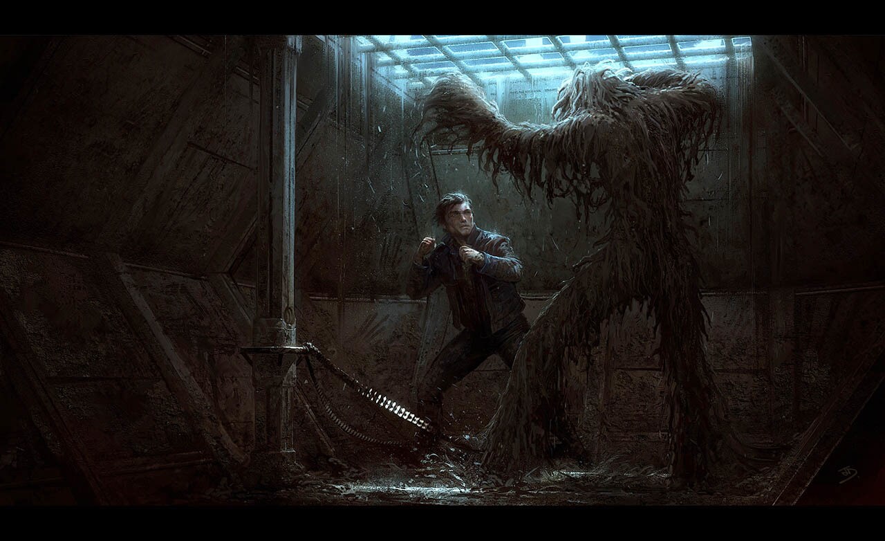 Concept art of Han Solo fighting Chewbacca in a muddy cell.