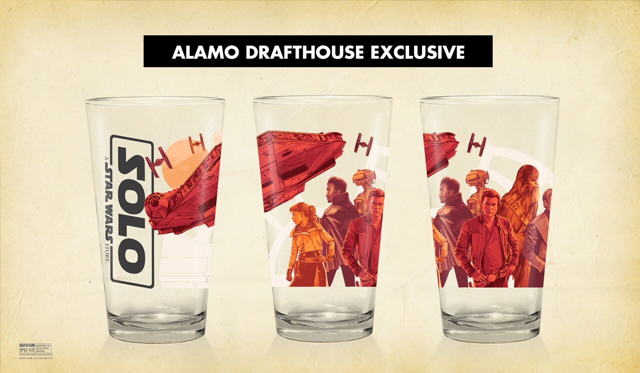 Solo: A Star Wars Story glasses from Alamo Drafthouse, featuring the Millennium Falcon and characters from the film.