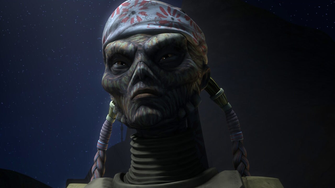 Kiera Swan, a Weequay pirate, stands under a starry sky in The Clone Wars.