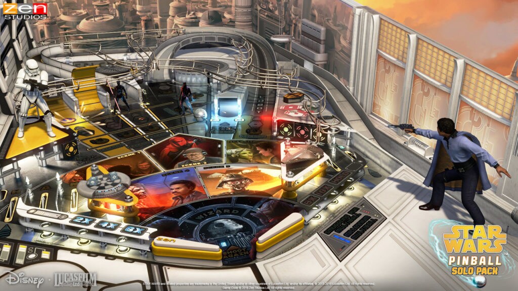 A screenshot of the Calrissian Chronicles table from the Star Wars Pinball: Solo Pack.