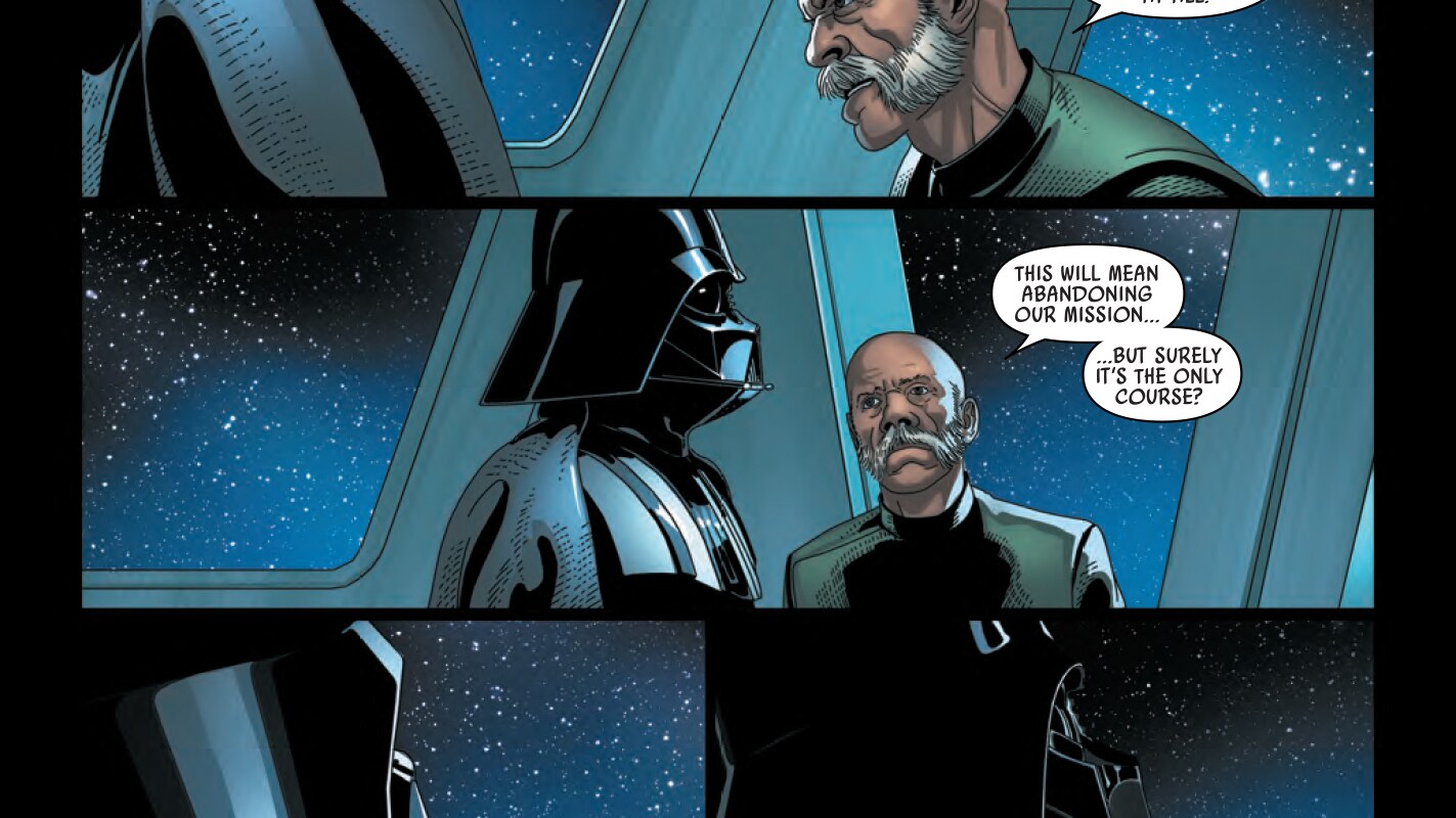 Graphic novel panels of Darth Vader speaking to an Imperial commander from Marvel's Darth Vader series.