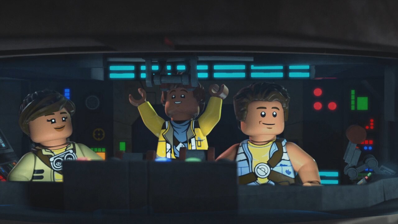Kordi, Zander, and Rowan Freemaker sit at the controls of their ship, The Arrowhead, in Lego Star Wars: The Freemaker Adventures.