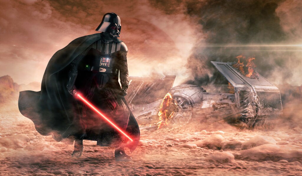 Darth Vader wields his lightsaber while standing in front of his crashed TIE fighter, in a diorama.