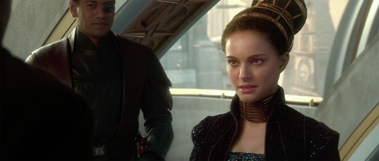 Queen Amidala and Gregar Typho in Attack of the Clones.